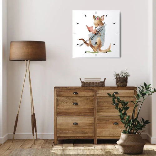 Zegar ścienny - Kangurzyca czytająca książkę z dzieckiem - 30x30cm - Poczytaj mi, mamo - Nowoczesna dekoracja ścienna do salonu i sypialni ARTTOR