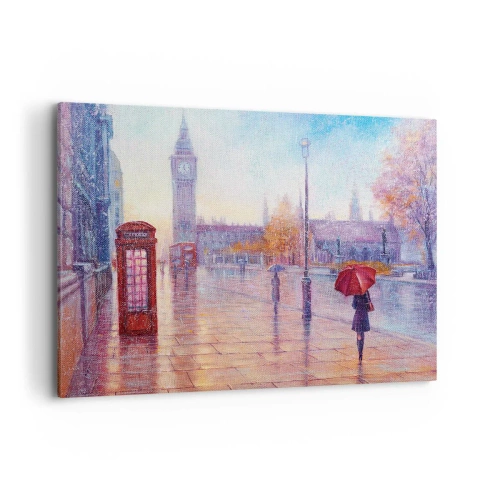 Obraz na płótnie - Londyńska ulica z Big Benem w deszczowy dzień - 120x80cm - Londyński jesienny dzień - Nowoczesna dekoracja ścienna do salonu, kuchni i sypialni ARTTOR