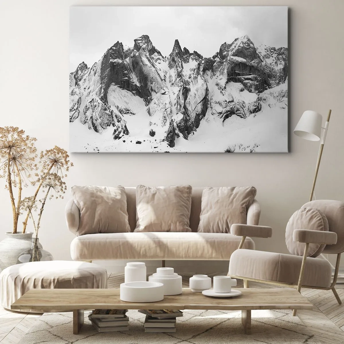Obraz na płótnie - Czarno-białe ośnieżone górskie szczyty - 70x50cm - Granitowa groźna grań - Nowoczesna dekoracja ścienna do salonu i sypialni ARTTOR