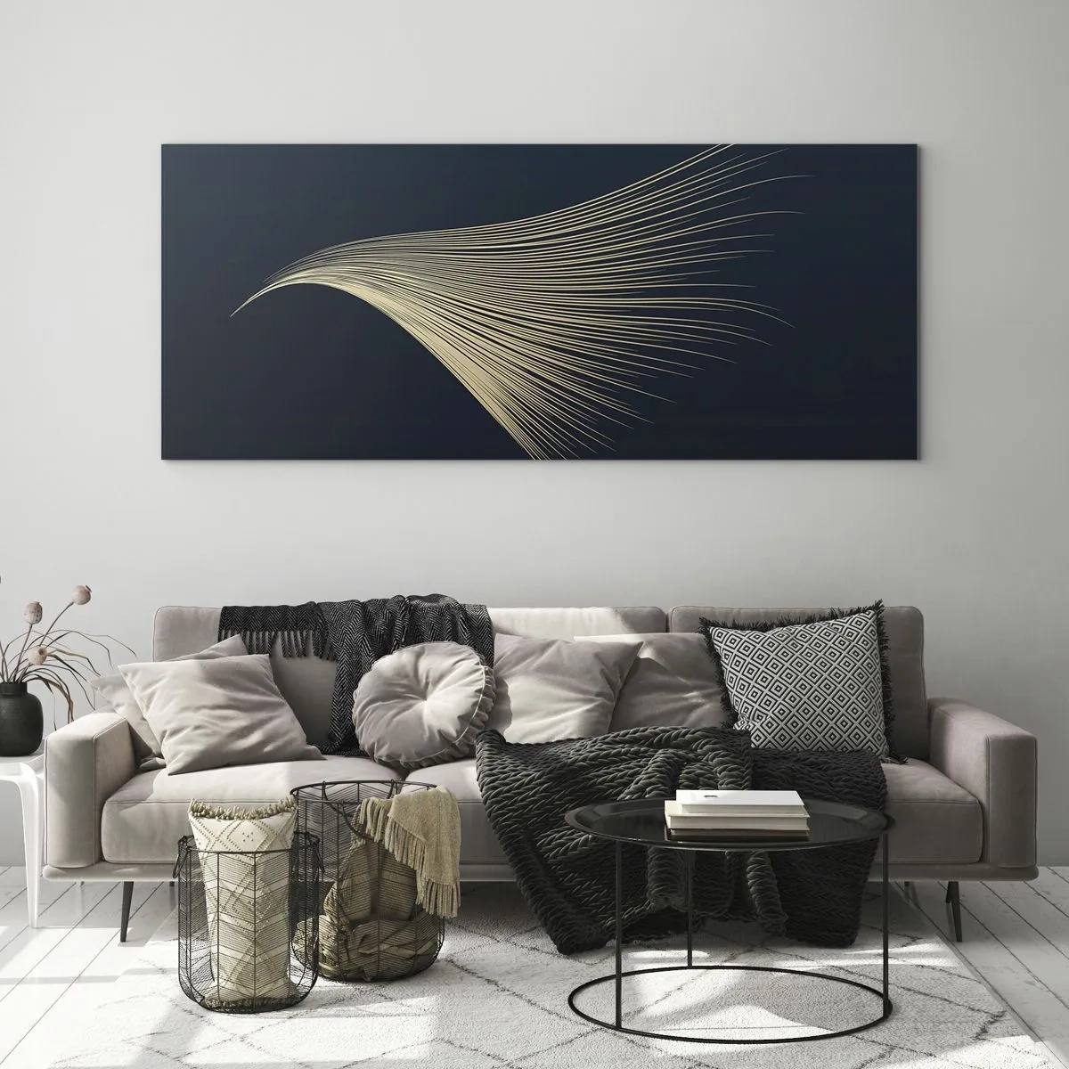Obraz na szkle - Delikatna linia przypominająca pióro na granatowym tle - 120x50cm - Jak anioła włos - Nowoczesna dekoracja ścienna do salonu i sypialni ARTTOR