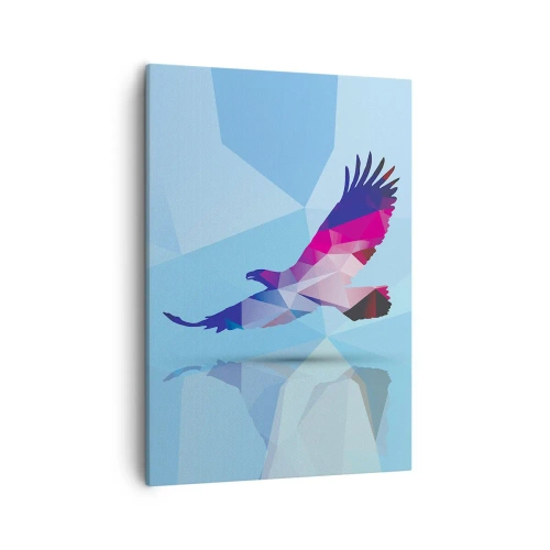 Obraz na płótnie - Geometryczny orzeł w locie w abstrakcyjnej kolorystyce - 50x70cm - Orzeł w liliowym krysztale - Nowoczesna dekoracja ścienna do salonu, kuchni i sypialni ARTTOR
