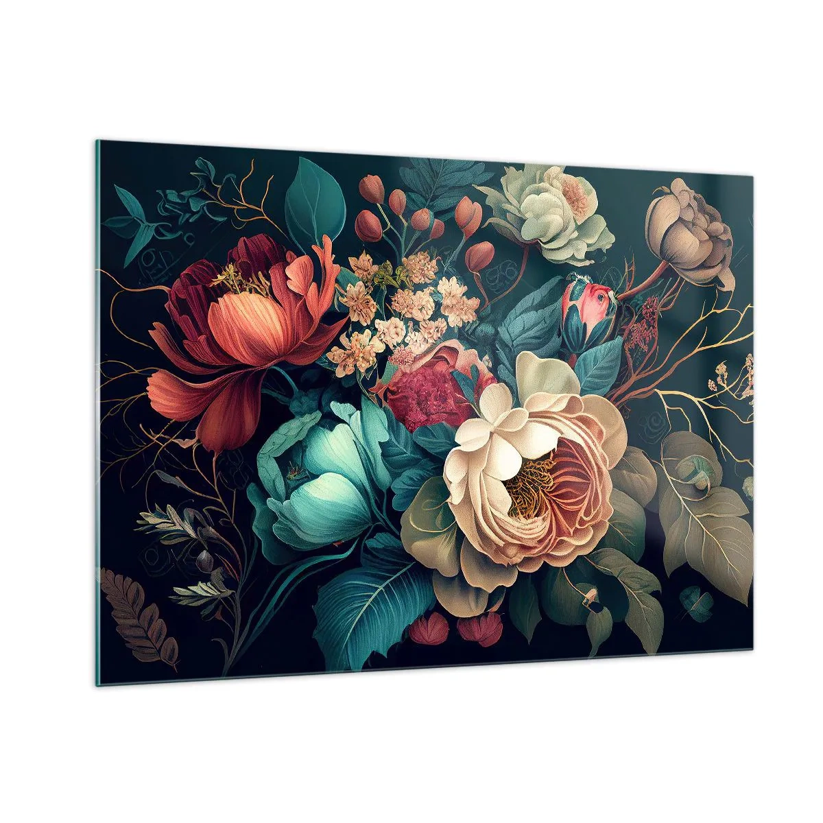 Obraz na szkle - Bukiet kwiatów w stylu vintage na ciemnym tle - 100x70cm - XIX-wieczny czar - Nowoczesna dekoracja ścienna do salonu, kuchni i sypialni ARTTOR