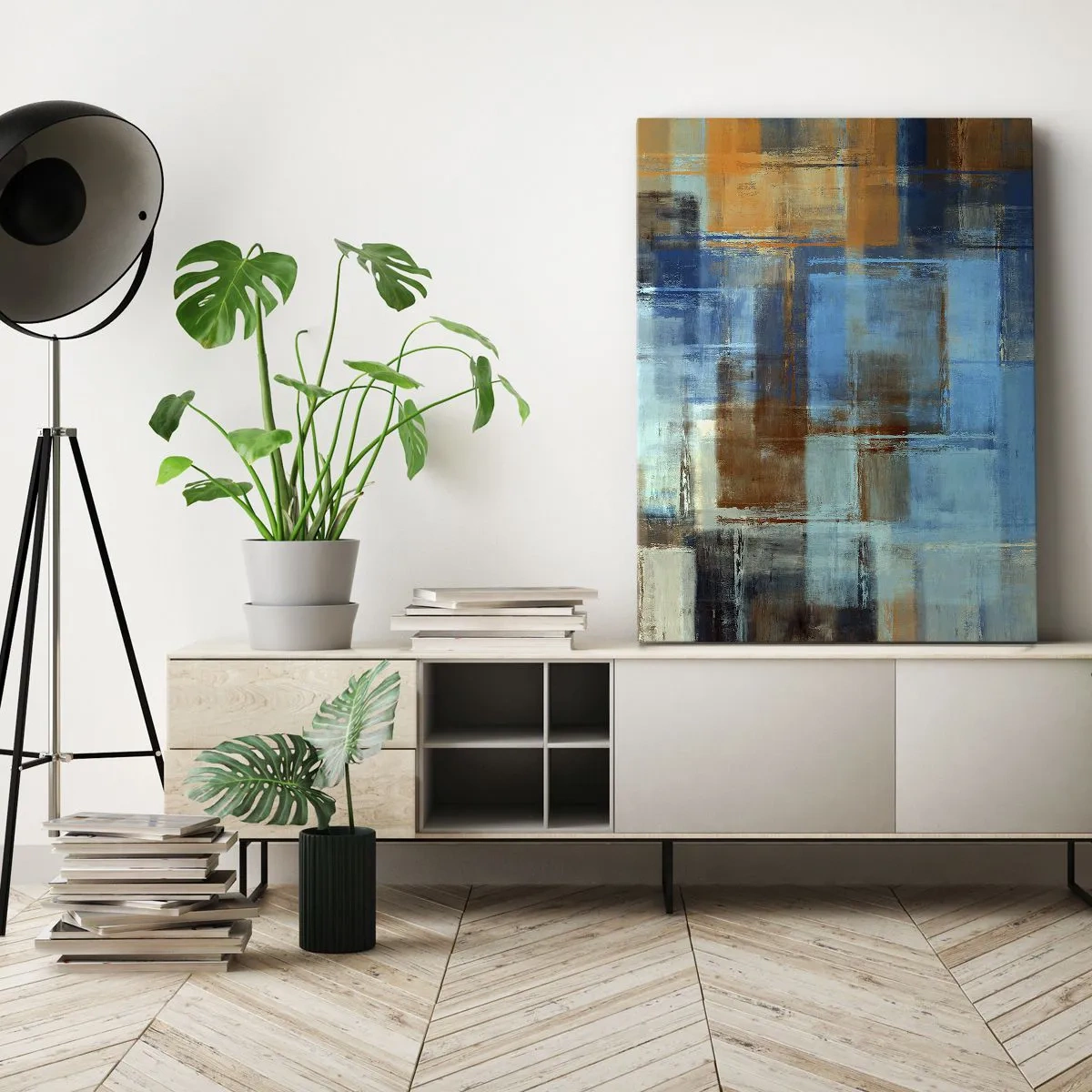 Obraz na płótnie - Abstrakcyjna kompozycja geometryczna w odcieniach niebieskiego i brązu - 70x100cm - Przez błękitną zasłonę - Nowoczesna dekoracja ścienna do salonu i sypialni ARTTOR