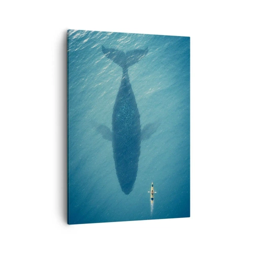 Obraz na płótnie - Kajak płynący nad cieniem wieloryba w lazurowej wodzie - 50x70cm - Spotkanie na oceanie - Nowoczesna dekoracja ścienna do salonu, kuchni i sypialni ARTTOR