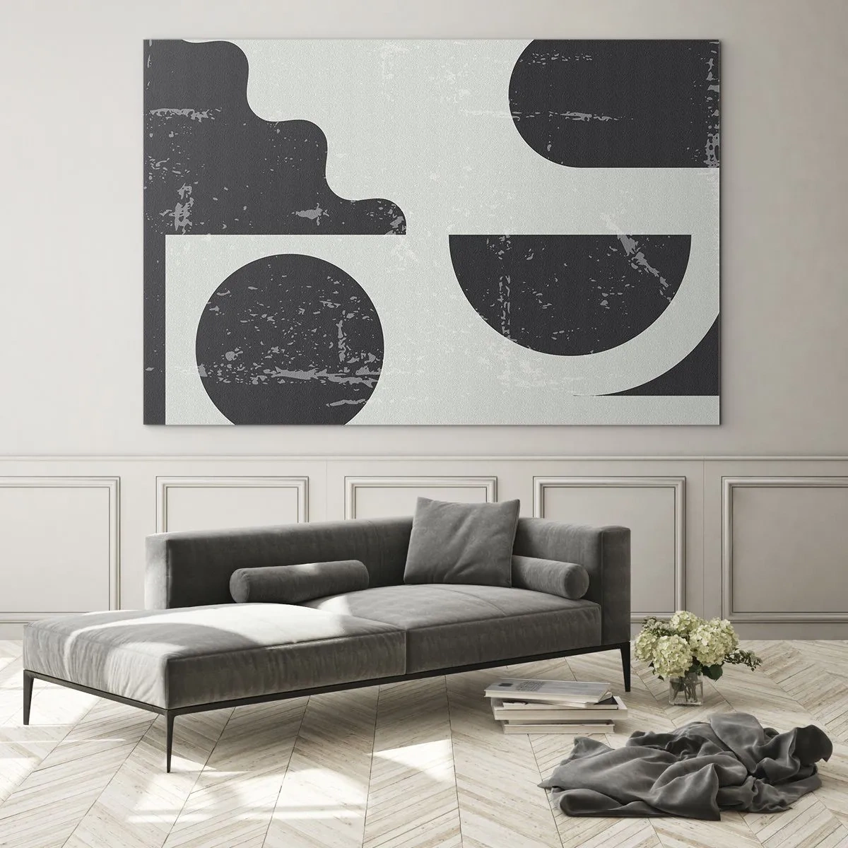 Obraz na szkle - Abstrakcyjna grafika geometryczna z przetarciami - 70x50cm - Kompozycja ponad i pod - Nowoczesna dekoracja ścienna do salonu i sypialni ARTTOR