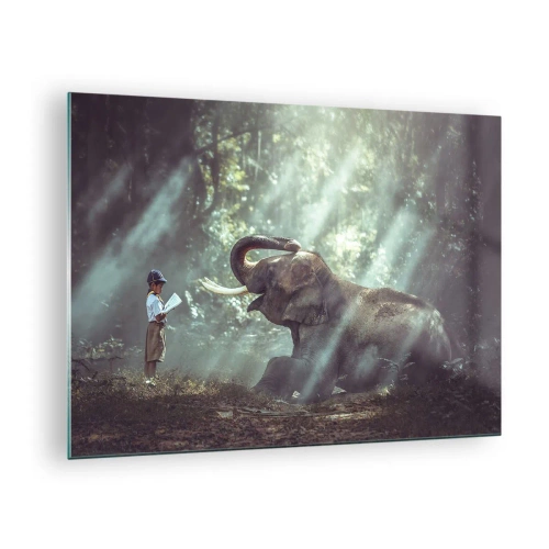 Obraz na szkle - Chłopiec z książką i słoń w leśnym otoczeniu - 70x50cm - A posłuchaj tego… - Nowoczesna dekoracja ścienna do salonu i sypialni ARTTOR