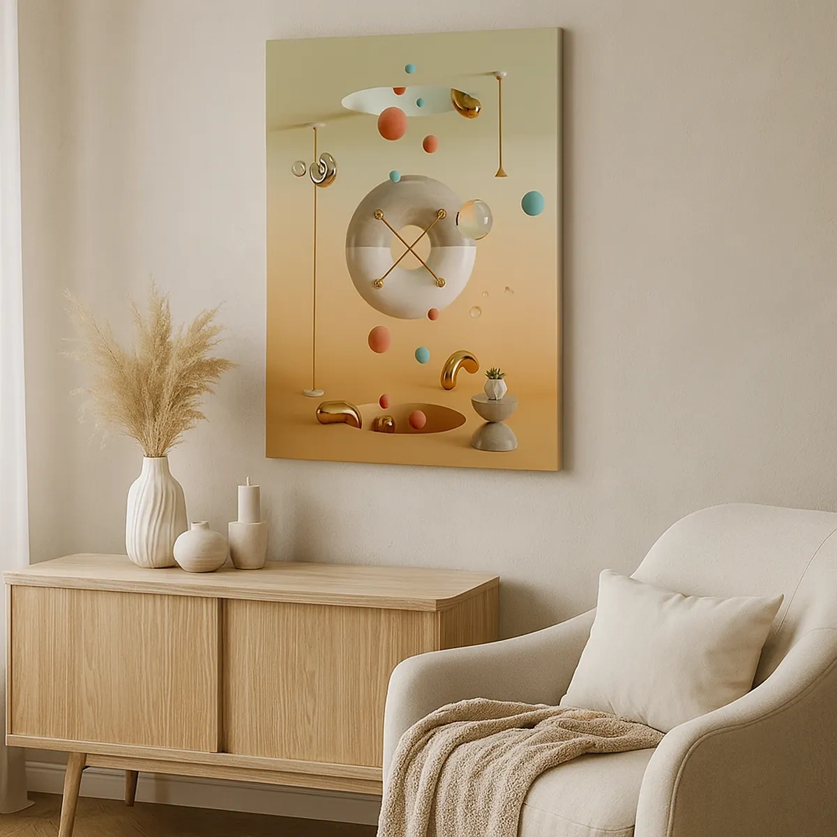 Obraz na płótnie - Abstrakcyjna kompozycja geometrycznych kształtów i złotych akcentów w przestrzeni - 50x70cm - Wszystko się zdarzyć może - Nowoczesna dekoracja ścienna do salonu, kuchni i sypialni ARTTOR