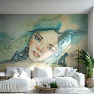 Fototapeta Premium Canvas - Akwarela twarzy kobiety z refleksyjnym motywem - 100x70cm - Am I blue? - Nowoczesna dekoracja ścienna do salonu i sypialni ARTTOR