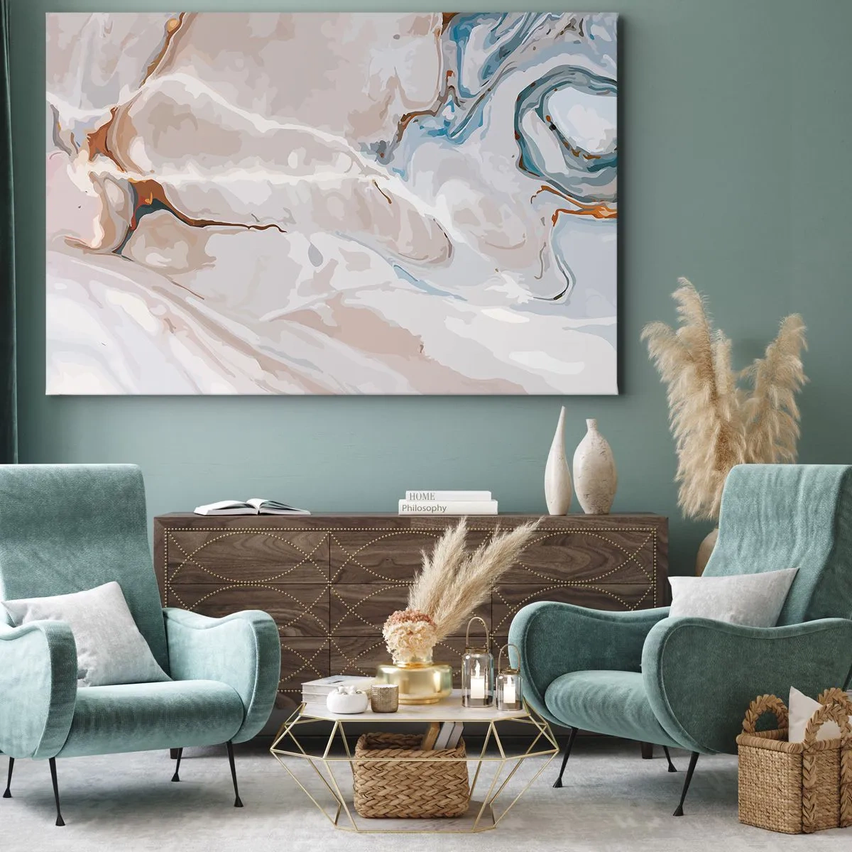 Obraz na płótnie - Abstrakcyjny wzór w odcieniach bieli i błękitu - 70x50cm - Błękitne meandry pod bielą - Nowoczesna dekoracja ścienna do salonu i sypialni ARTTOR