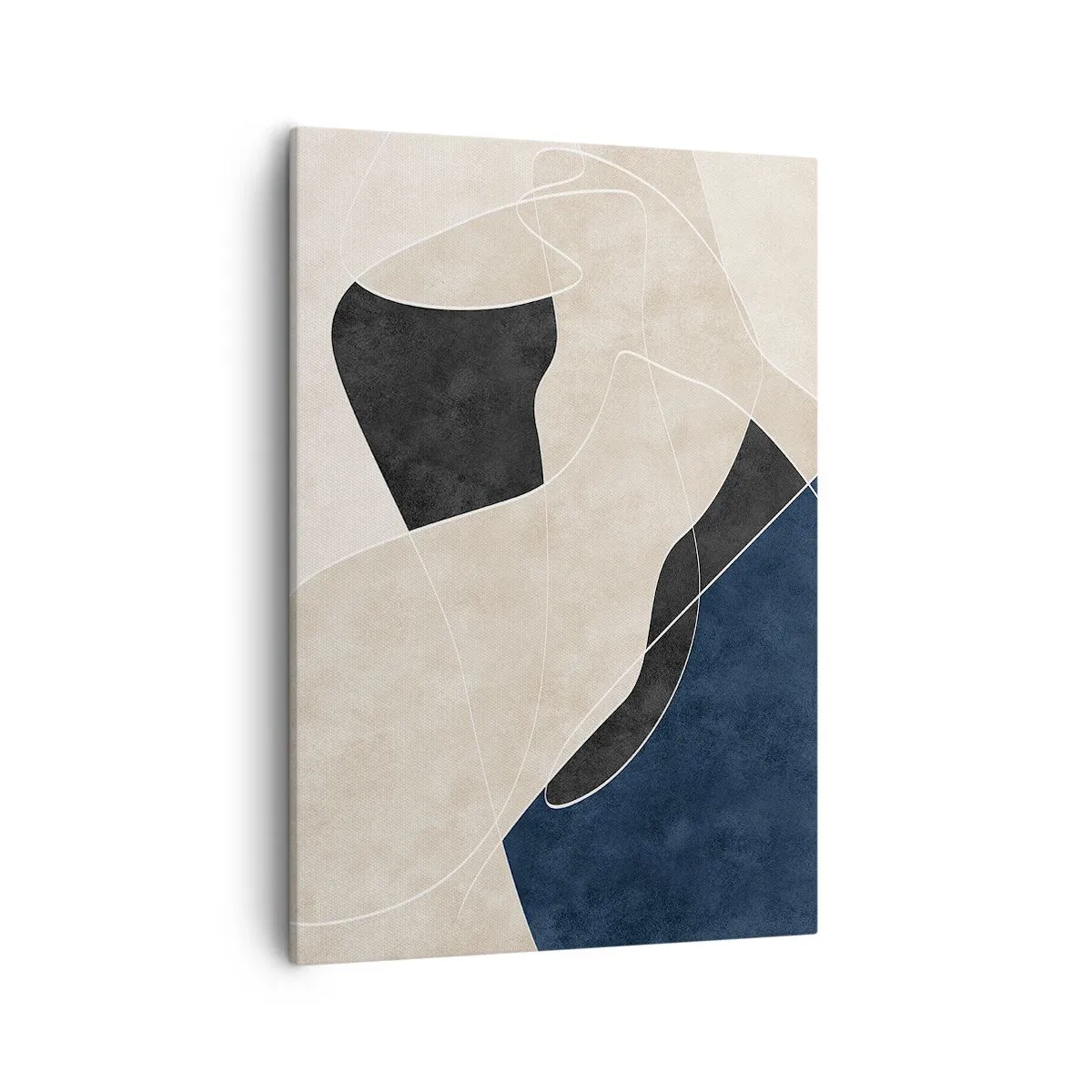 Obraz na płótnie - Geometryczna abstrakcja w beżu, czerni i granacie z liniami - 50x70cm - Kompozycja abstrakcyjna – kontrast barw - Nowoczesna dekoracja ścienna do salonu, kuchni i sypialni ARTTOR