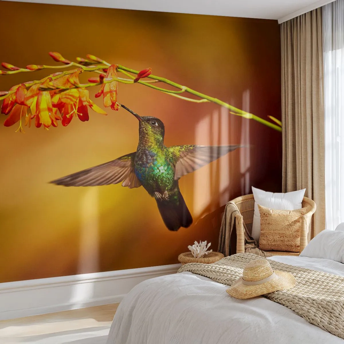Fototapeta Premium Sand - Koliber unoszący się przy kwitnącym kwiecie - 100x70cm - Posłaniec światła wg Majów - Nowoczesna dekoracja ścienna do salonu, kuchni i sypialni ARTTOR