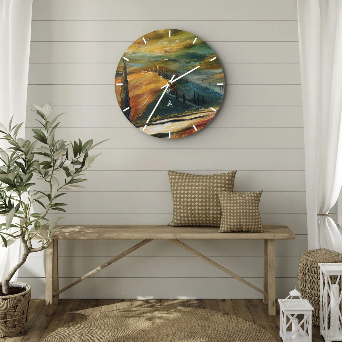 Zegar ścienny - Malarski pejzaż wzgórz i drzew w toskańskich barwach - 30x30cm - Toskański pejzaż - Nowoczesna dekoracja ścienna do salonu, kuchni i sypialni ARTTOR