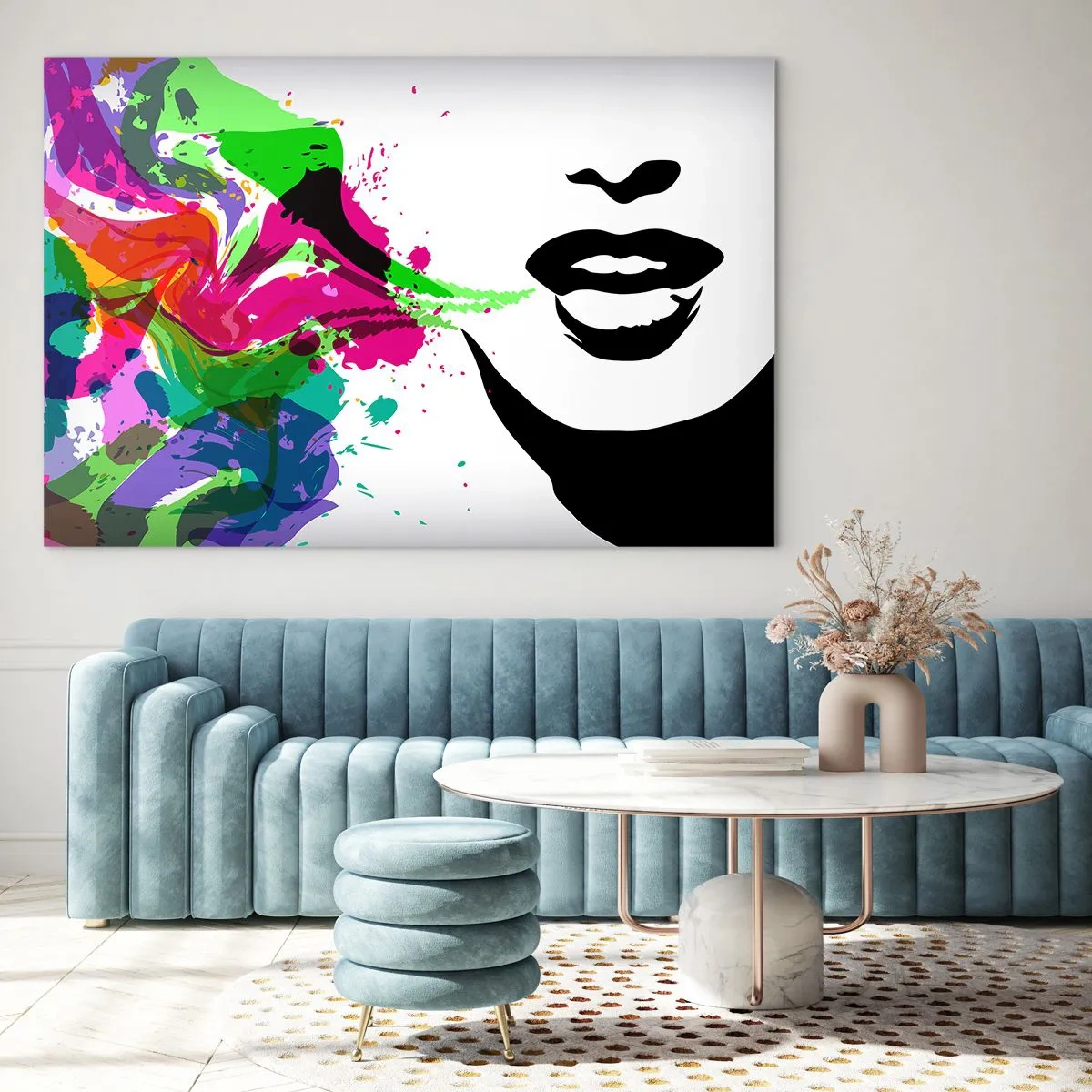 Obraz na szkle - Kolorowa abstrakcja z kobiecym profilem i plamami barw - 100x70cm - Opowieść w kolorach tęczy - Nowoczesna dekoracja ścienna do salonu, kuchni i sypialni ARTTOR