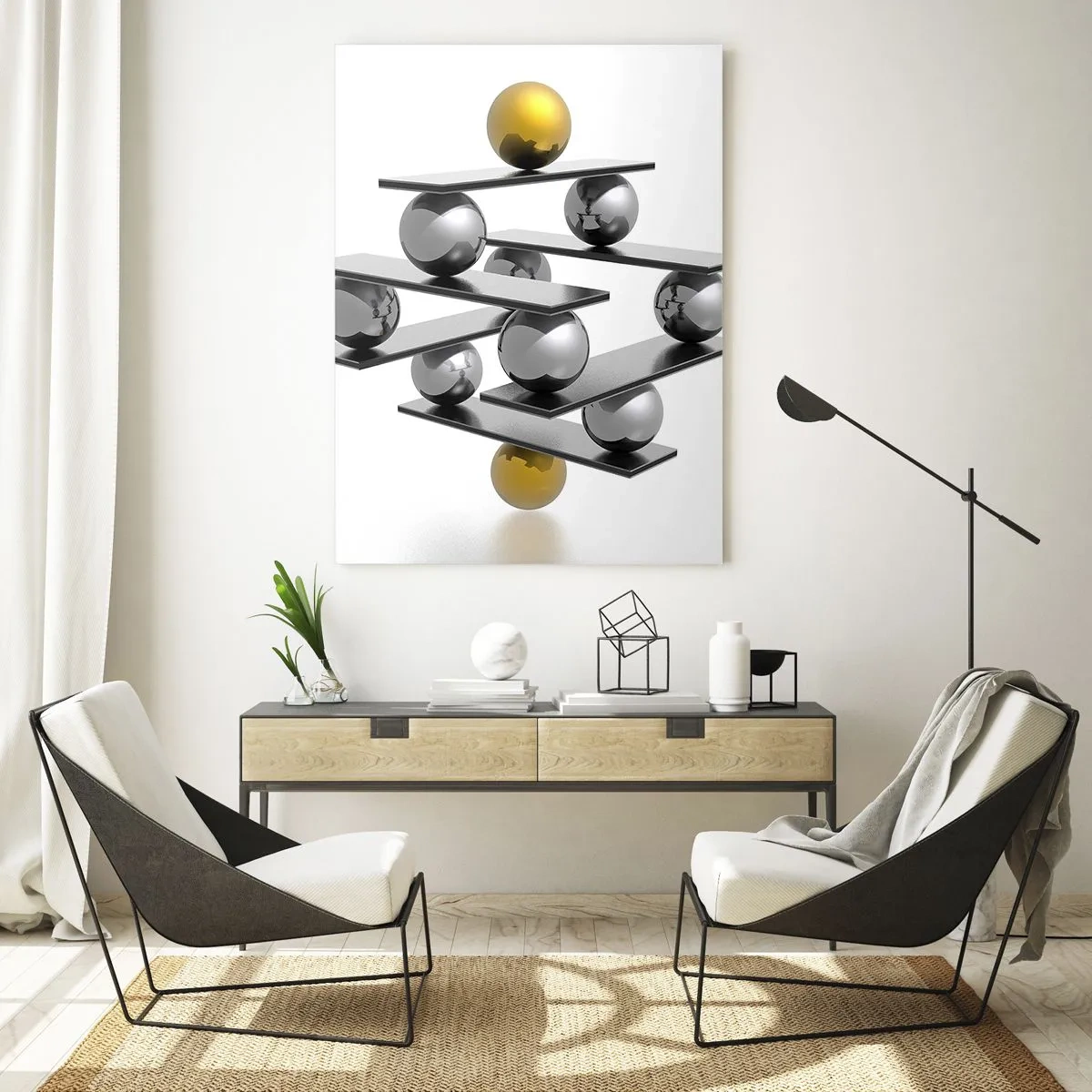 Obraz na szkle - Geometryczna kompozycja z kulami i platformami na białym tle - 50x70cm - Złoto-srebrna równowaga - Nowoczesna dekoracja ścienna do salonu, kuchni i sypialni ARTTOR