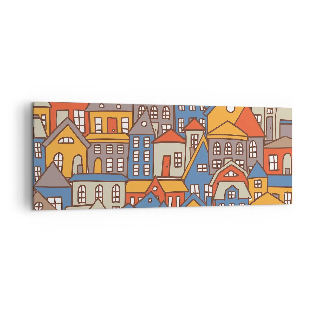 Obraz na płótnie - Kolorowe domki w stylu graficznym na jasnym tle - 140x50cm - Za domem dom - Nowoczesna dekoracja ścienna do salonu i sypialni ARTTOR