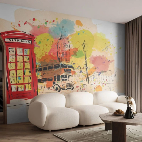 Fototapeta Premium Sand - Artystyczna ilustracja Londynu z czerwonymi akcentami - 100x70cm - Miasto rozmaitości - Nowoczesna dekoracja ścienna do salonu, kuchni i sypialni ARTTOR