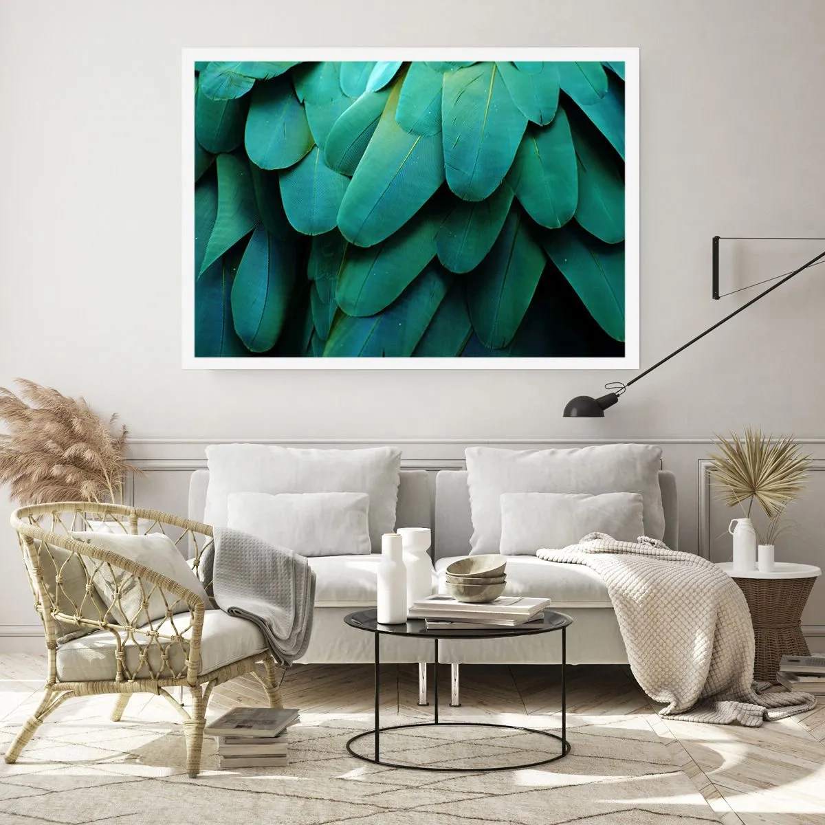 Plakat - Detal piór w odcieniach zieleni - 100x70cm - Precyzja papuziej natury - Nowoczesna dekoracja ścienna do salonu i sypialni ARTTOR