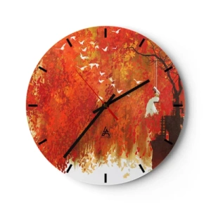 Zegar ścienny - Jesienna scena z huśtawką w otoczeniu złotych liści i ptaków - 30x30cm - Poleci z nimi? - Nowoczesna dekoracja ścienna do salonu, kuchni i sypialni ARTTOR