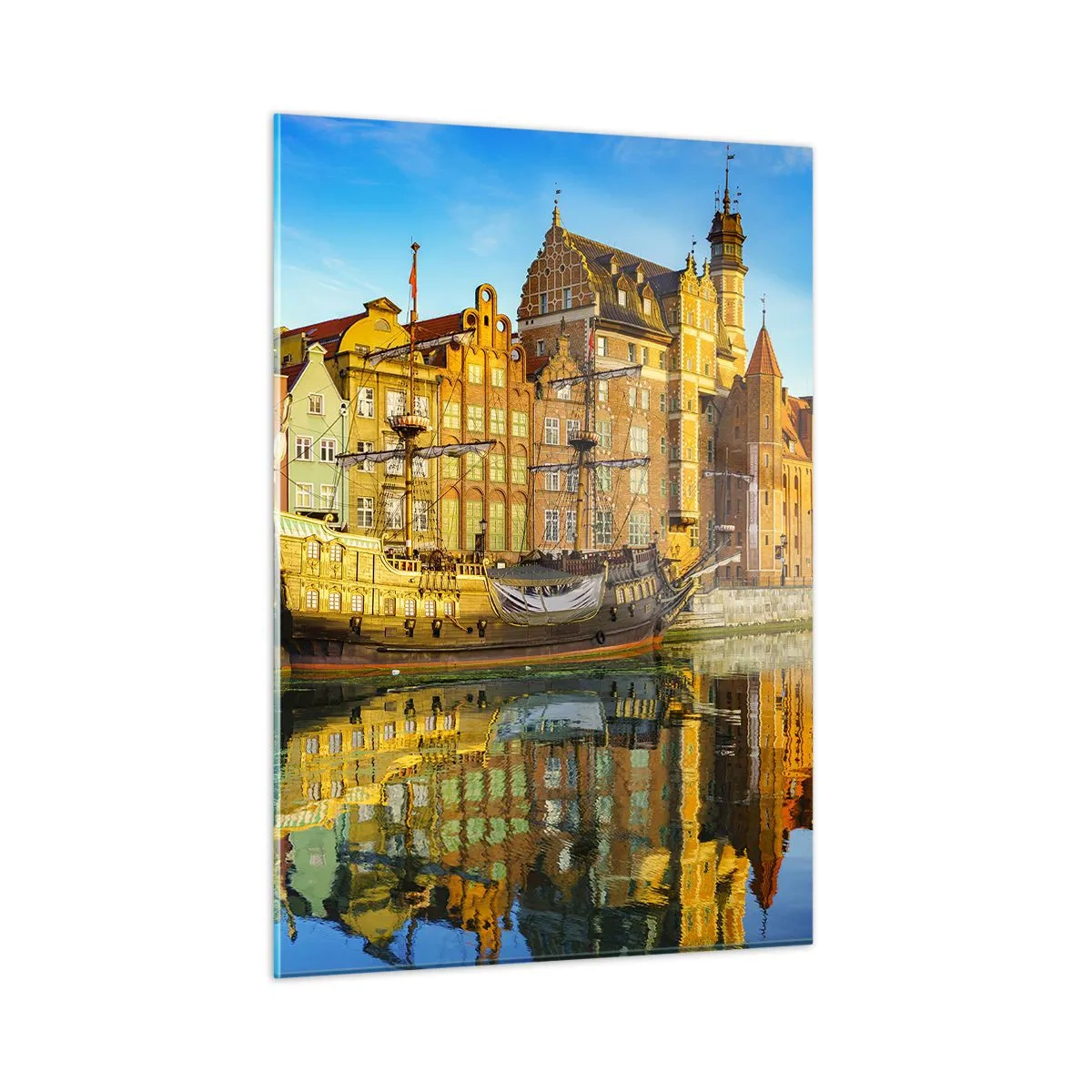 Obraz na szkle - Gdańska starówka z odbiciem w wodzie - 50x70cm - Lustrzane odbicie przeszłości - Nowoczesna dekoracja ścienna do salonu, kuchni i sypialni ARTTOR