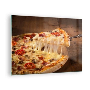 Obraz na szkle - Pizza z ciągnącym się serem, pomidorami i szynką na drewnianym tle - 70x50cm - Arcydzieło sztuki włoskiej - Nowoczesna dekoracja ścienna do salonu i sypialni ARTTOR