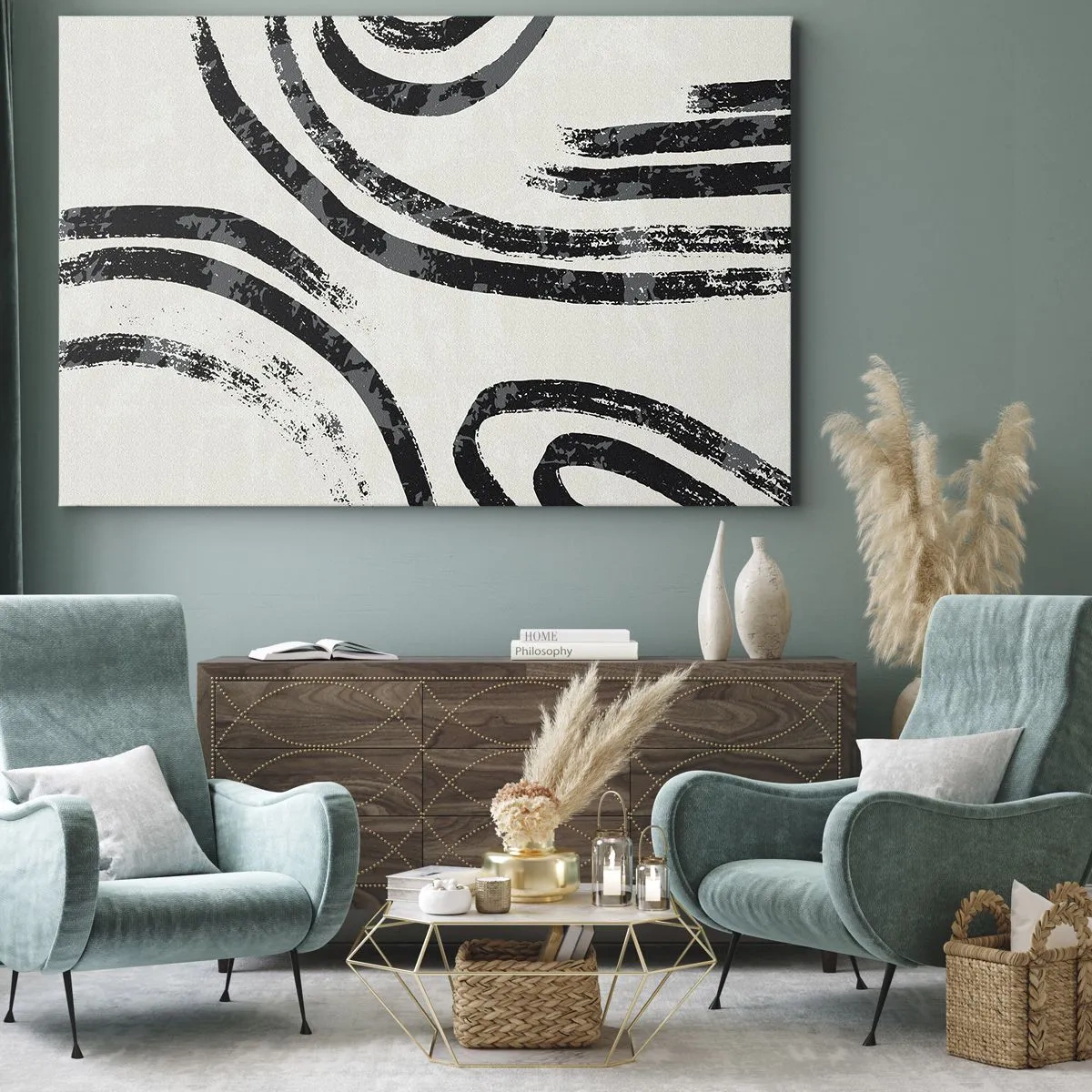 Obraz na płótnie - Czarno-białe abstrakcyjne linie na jasnym tle - 70x50cm - W pół zatrzymany - Nowoczesna dekoracja ścienna do salonu i sypialni ARTTOR