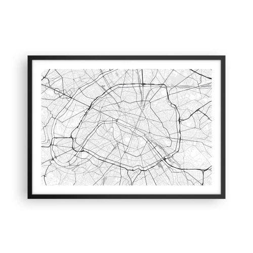 Plakat w czarnej ramie - Minimalistyczna mapa miasta w czerni i bieli - 70x50cm - Kwiat Paryża - Nowoczesna dekoracja ścienna do salonu i sypialni ARTTOR