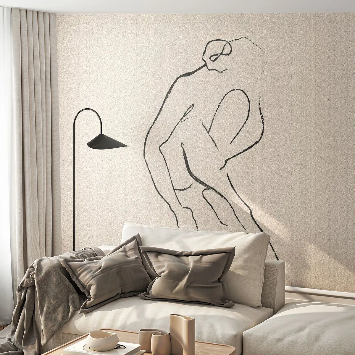Fototapeta Premium Sand - Minimalistyczny szkic postaci w intymnym geście - 100x70cm - Szkic intymny - Nowoczesna dekoracja ścienna do salonu, kuchni i sypialni ARTTOR