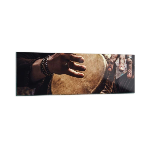 Obraz na szkle - Ręce grające na tradycyjnym bębnie djembe - 160x50cm - W rytmie serca - Nowoczesna dekoracja ścienna do salonu i sypialni ARTTOR