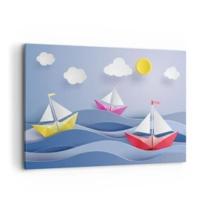 Obraz na płótnie - Kolorowe żaglówki na falach w słoneczny dzień - 100x70cm - Ach, jak przyjemnie kołysać się wśród fal - Nowoczesna dekoracja ścienna do salonu, kuchni i sypialni ARTTOR