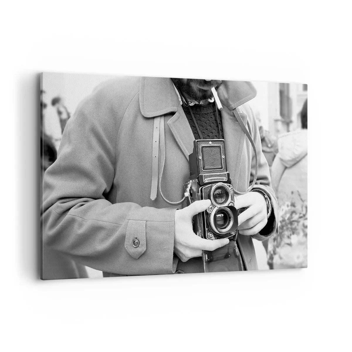 Obraz na płótnie - Czarno-białe zdjęcie mężczyzny z aparatem retro - 120x80cm - W stylu retro - Nowoczesna dekoracja ścienna do salonu, kuchni i sypialni ARTTOR