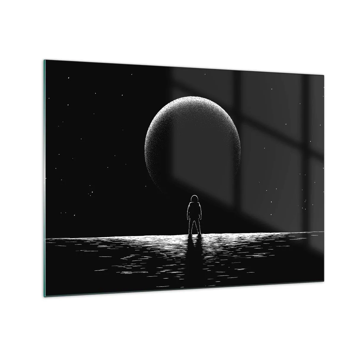 Obraz na szkle - Astronauta stojący naprzeciw planety w czerni i bieli - 70x50cm - Twarzą w twarz - Nowoczesna dekoracja ścienna do salonu i sypialni ARTTOR