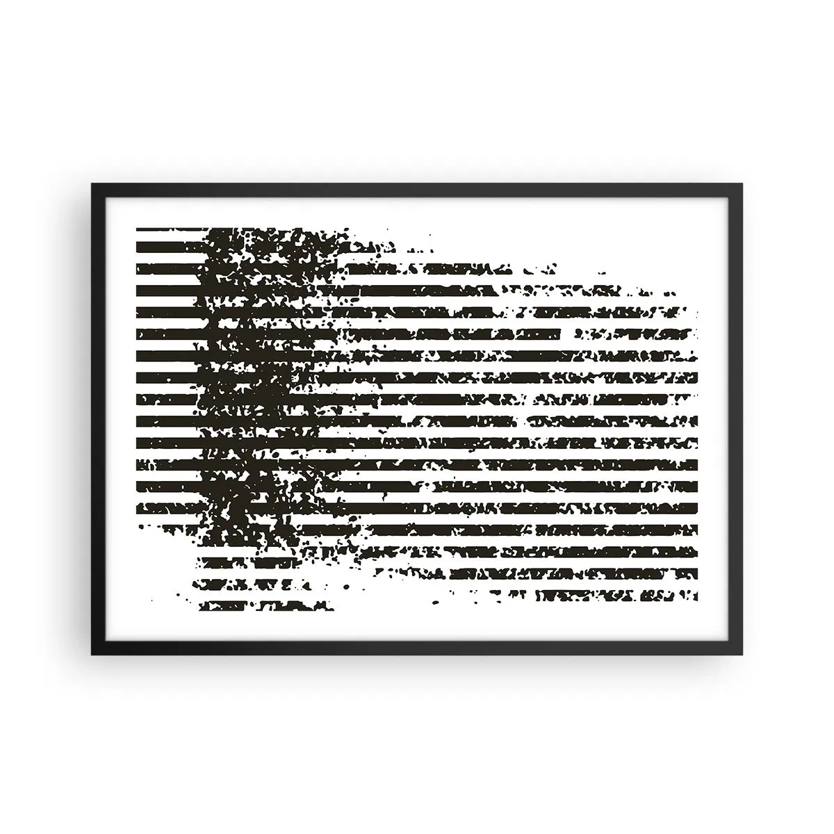 Plakat w czarnej ramie - Abstrakcyjne linie z efektem przetarcia w czerni i bieli - 70x50cm - Rytm i szum - Nowoczesna dekoracja ścienna do salonu i sypialni ARTTOR