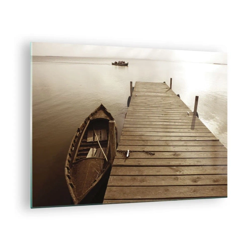 Obraz na szkle - Łódka przy pomoście na spokojnym jeziorze w sepii - 70x50cm - Wielki spokój - Nowoczesna dekoracja ścienna do salonu i sypialni ARTTOR