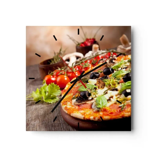 Zegar ścienny - Pizza z oliwkami, bazylią i świeżymi składnikami na drewnianym tle - 30x30cm - Z tellurycznych ingrediencji - Nowoczesna dekoracja ścienna do salonu i sypialni ARTTOR