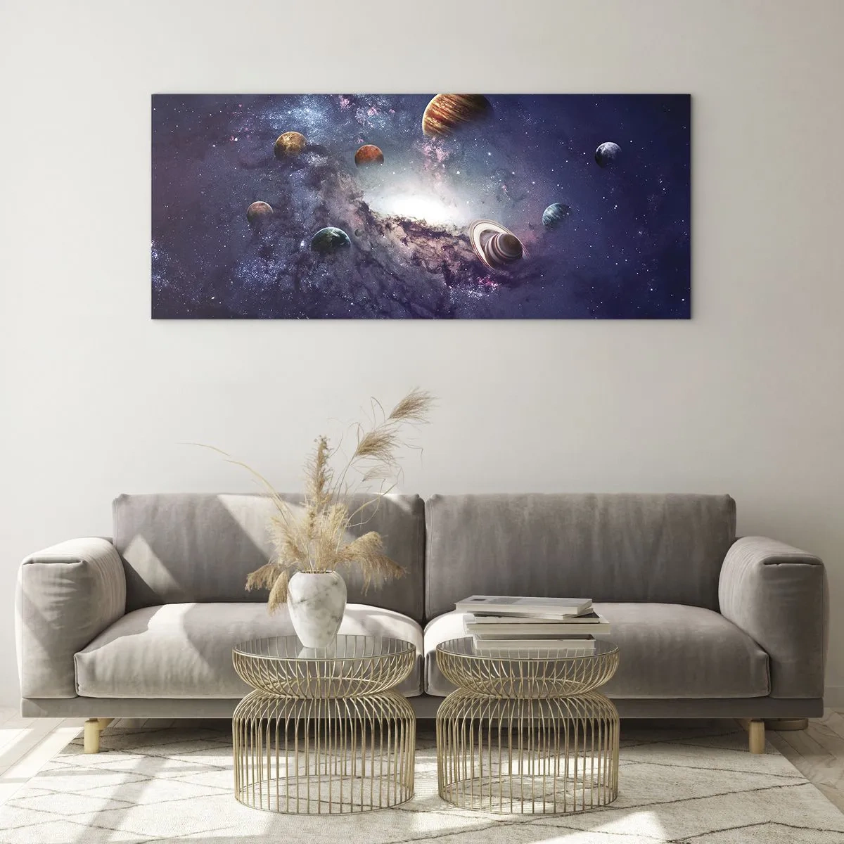 Obraz na szkle - Planety w galaktyce na tle mgławicy - 120x50cm - Układ słoneczno-taneczny - Nowoczesna dekoracja ścienna do salonu i sypialni ARTTOR