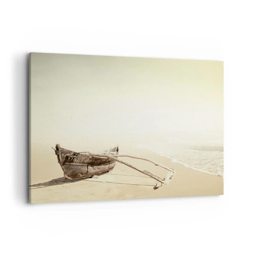 Obraz na płótnie - Stara łódź rybacka na piaszczystej plaży - 120x80cm - Wspomnienie mórz południowych - Nowoczesna dekoracja ścienna do salonu, kuchni i sypialni ARTTOR