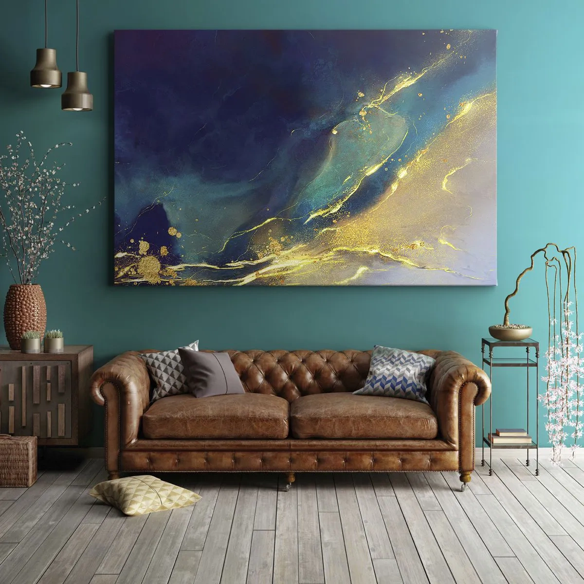 Obraz na płótnie - Abstrakcyjna kompozycja w odcieniach niebieskiego i złotego na płótnie - 70x50cm - Złote rozlewisko - Nowoczesna dekoracja ścienna do salonu i sypialni ARTTOR