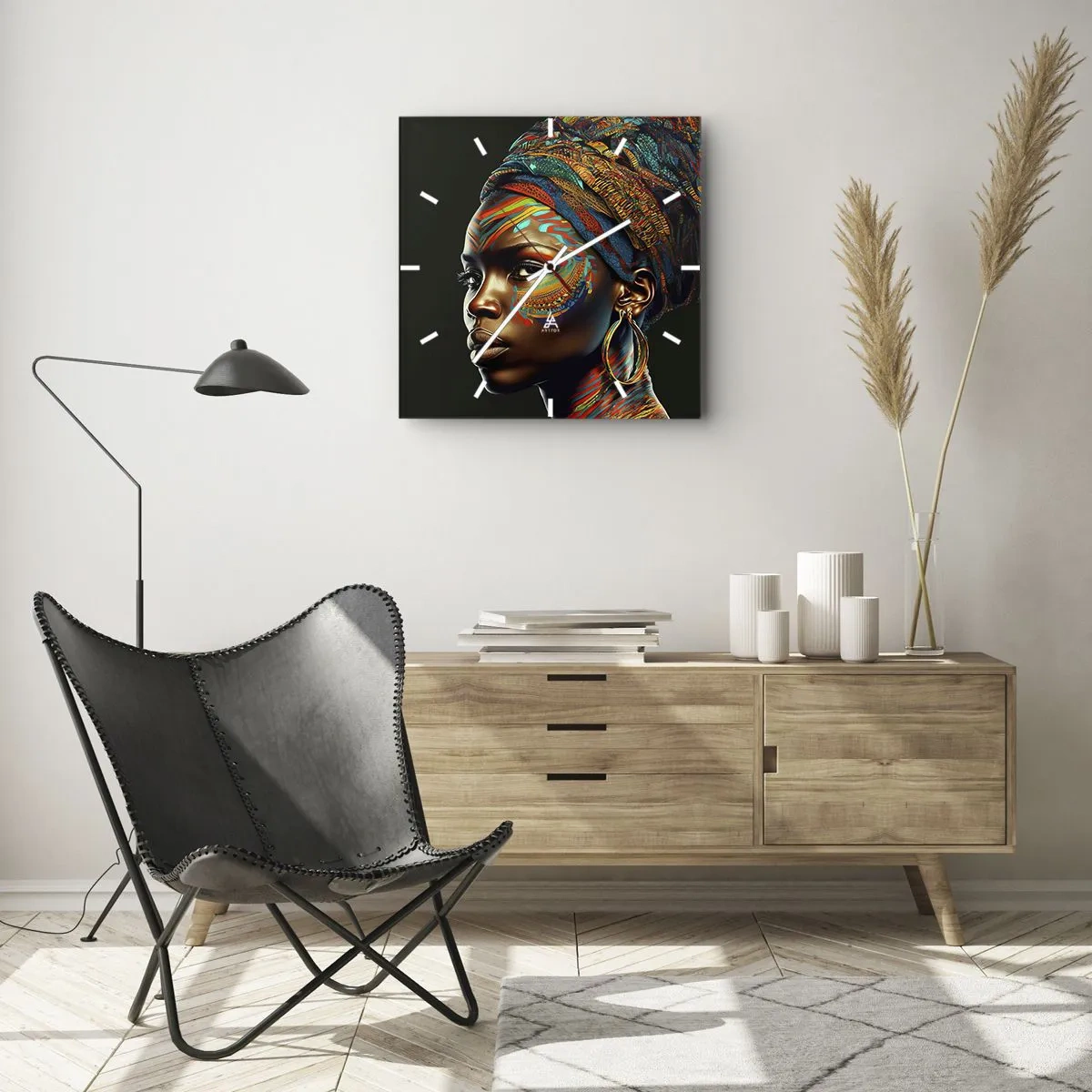 Zegar ścienny - Portret kobiety z kolorowym wzorem i turbanem - 30x30cm - Afrykańska królowa - Nowoczesna dekoracja ścienna do salonu i sypialni ARTTOR