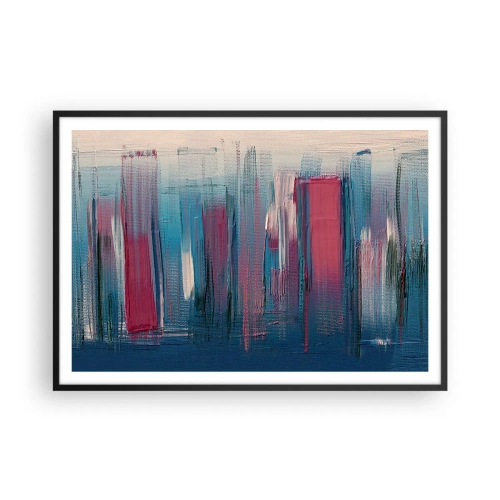 Plakat w czarnej ramie - Abstrakcyjne pionowe formy w odcieniach błękitu i czerwieni - 100x70cm - Kompozycja wertykalna w błękicie i czerwieni - Nowoczesna dekoracja ścienna do salonu i sypialni ARTTOR