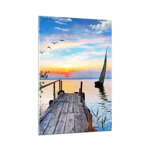 Obraz na szkle - Molo nad jeziorem z łodzią i zachodem słońca - 80x120cm - Dobry wieczór - Nowoczesna dekoracja ścienna do salonu i sypialni ARTTOR