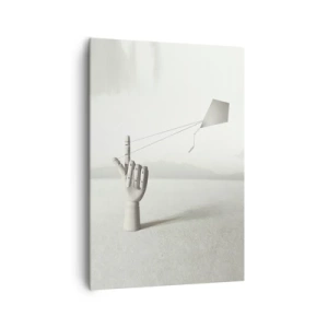 Obraz na płótnie - Minimalistyczna ręka drewniana z latawcem na tle pejzażu - 70x100cm - Próba sił - Nowoczesna dekoracja ścienna do salonu i sypialni ARTTOR