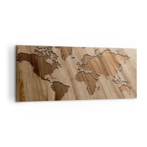 Obraz na płótnie - Mapa świata wycięta na drewnianej powierzchni - 120x50cm - Świat podany na stole - Nowoczesna dekoracja ścienna do salonu i sypialni ARTTOR