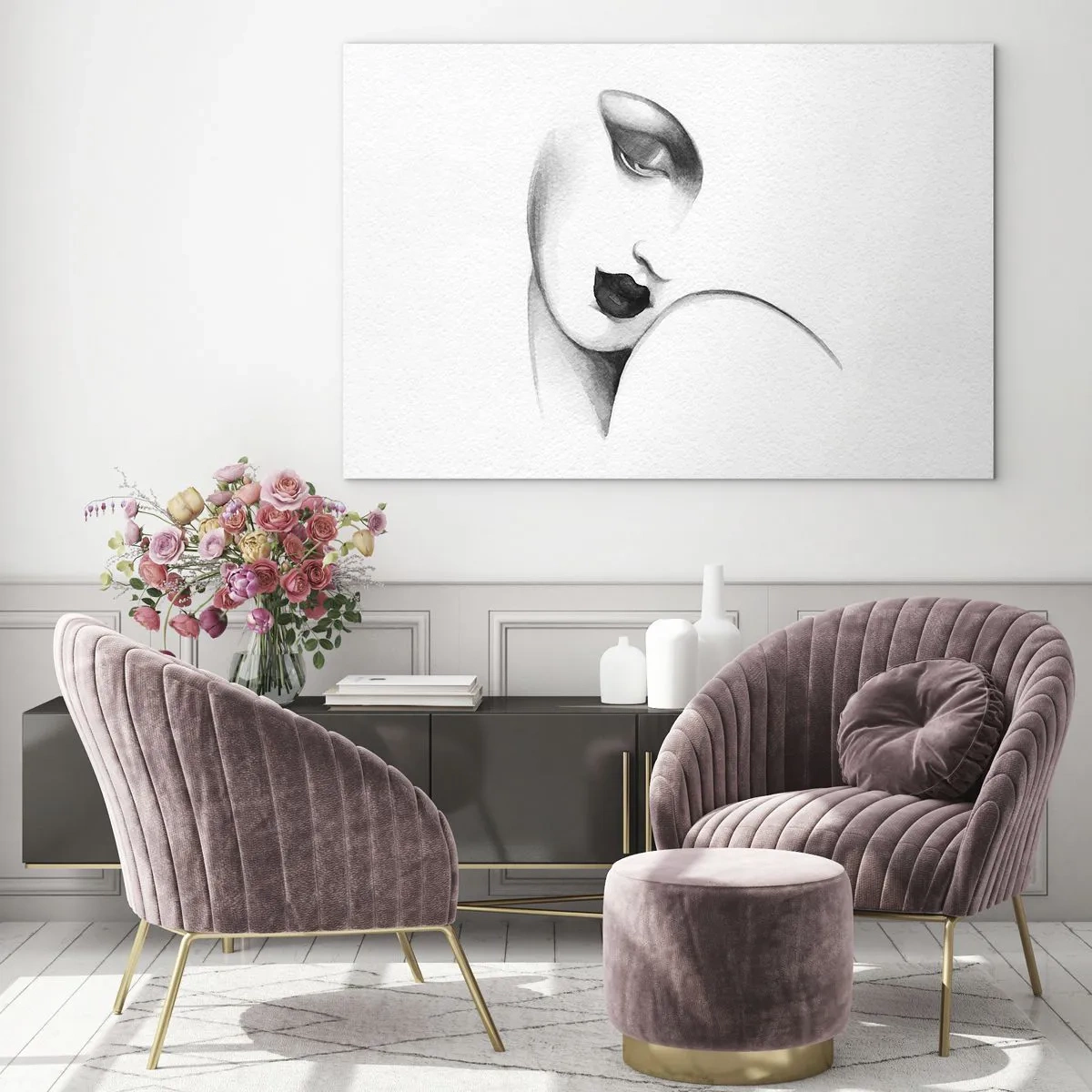 Obraz na szkle - Szkic twarzy kobiety w stylu art deco, w czerni i bieli - 70x50cm - W stylu Łempickiej - Nowoczesna dekoracja ścienna do salonu i sypialni ARTTOR