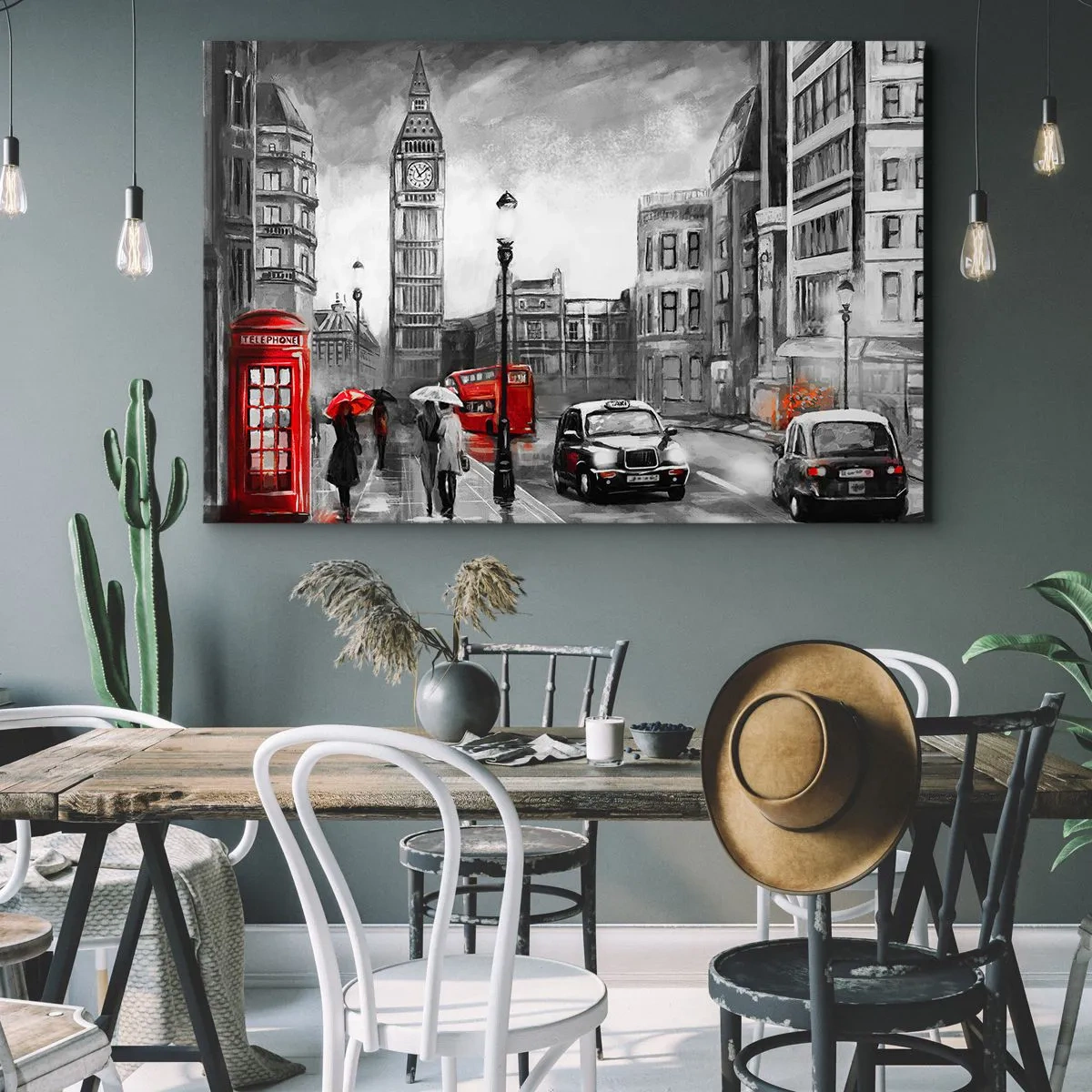 Obraz na płótnie - Scena z Londynu w czarno-białym stylu z czerwonymi akcentami - 70x50cm - Wcale nie szare miasto - Nowoczesna dekoracja ścienna do salonu i sypialni ARTTOR