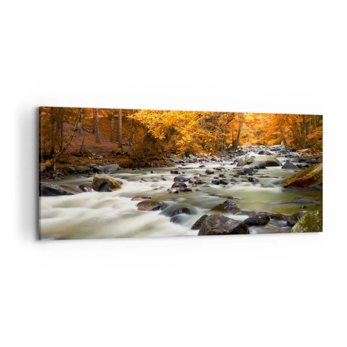 Obraz na płótnie - Strumień w jesiennym lesie otoczony złotymi liśćmi - 120x50cm - Potok w złotym lesie - Nowoczesna dekoracja ścienna do salonu i sypialni ARTTOR