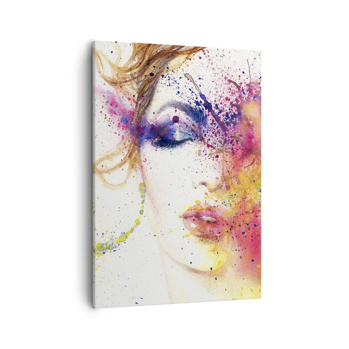Obraz na płótnie - Abstrakcyjny portret kobiety w akwarelowym stylu z kolorowymi rozbryzgami - 50x70cm - Tęczowy zawrót głowy - Nowoczesna dekoracja ścienna do salonu, kuchni i sypialni ARTTOR