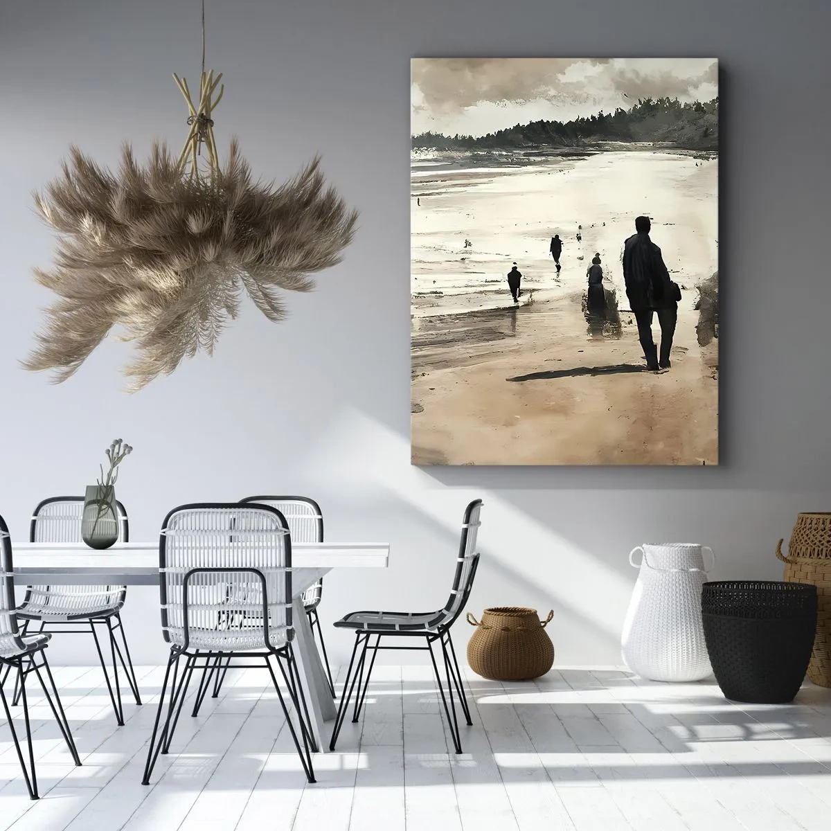 Obraz na płótnie - Malarska ilustracja spacerujących osób na plaży w stonowanych barwach - 50x70cm - Przywołani - Nowoczesna dekoracja ścienna do salonu, kuchni i sypialni ARTTOR