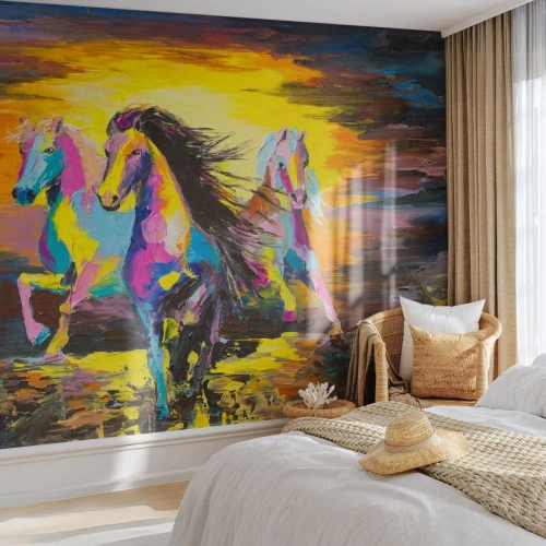 Fototapeta Standard Eco - Kolorowe konie w galopie - 100x70cm - Zanurzone w tęczy - Nowoczesna dekoracja ścienna do salonu i sypialni ARTTOR
