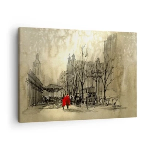 Obraz na płótnie - Czerwona postać w nostalgicznej miejskiej scenerii - 70x50cm - Randka w londyńskiej mgle  - Nowoczesna dekoracja ścienna do salonu i sypialni ARTTOR