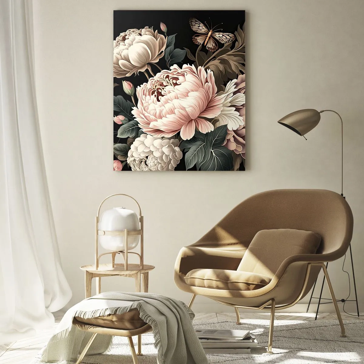 Obraz na szkle - Kwiatowa kompozycja z motylami na czarnym tle - 50x70cm - W barokowym stylu - Nowoczesna dekoracja ścienna do salonu, kuchni i sypialni ARTTOR